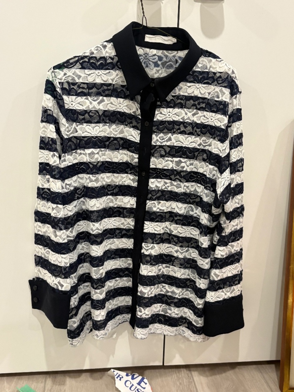 Anne Fontaine CALLIS 3/4 Floral Lace Blouse Size 46 US 14 Navy White Black